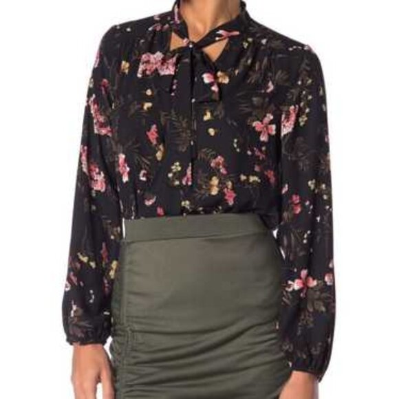 Pleione Tops - Pleione Black Floral Blouse Long Sleeve Tie Neck Top Size M